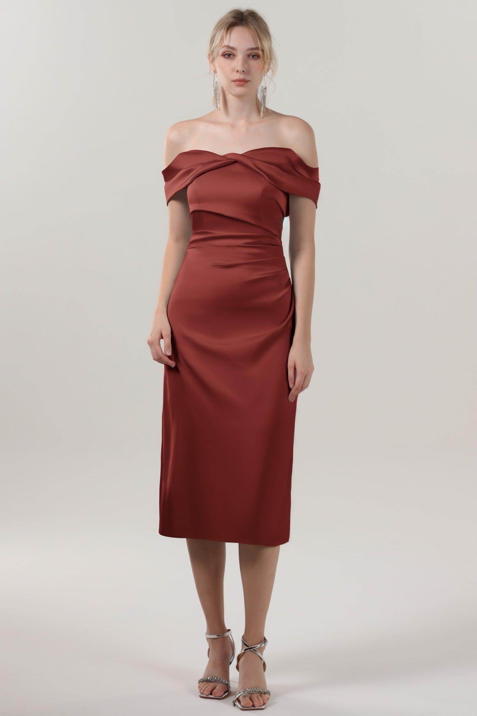 Sheath-Column Midi Luxe Satin Bridesmaid Dress CS0610BM - COCOMELODY