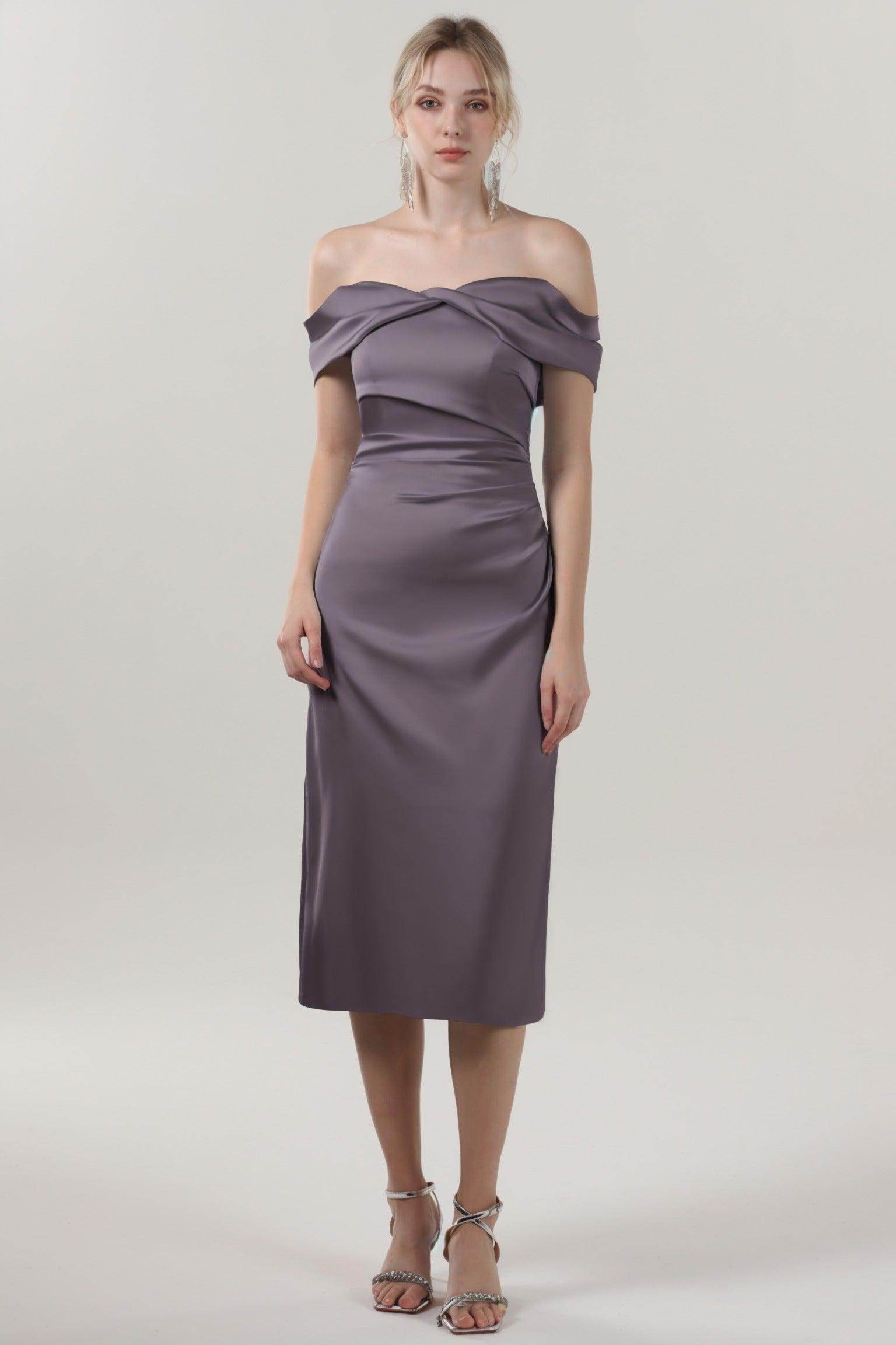 Sheath-Column Midi Luxe Satin Bridesmaid Dress CS0610BM - COCOMELODY