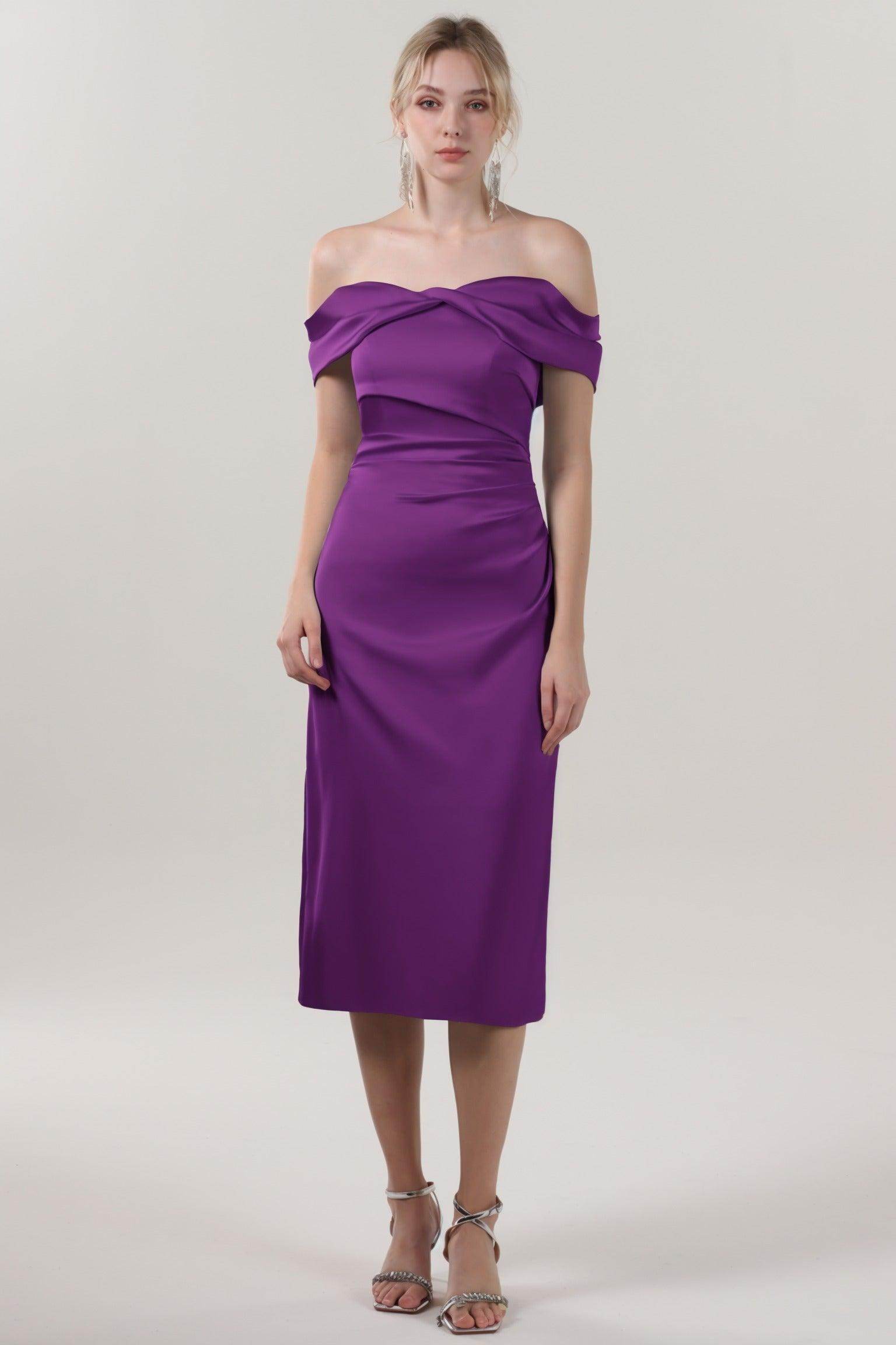 Sheath-Column Midi Luxe Satin Bridesmaid Dress CS0610BM - COCOMELODY