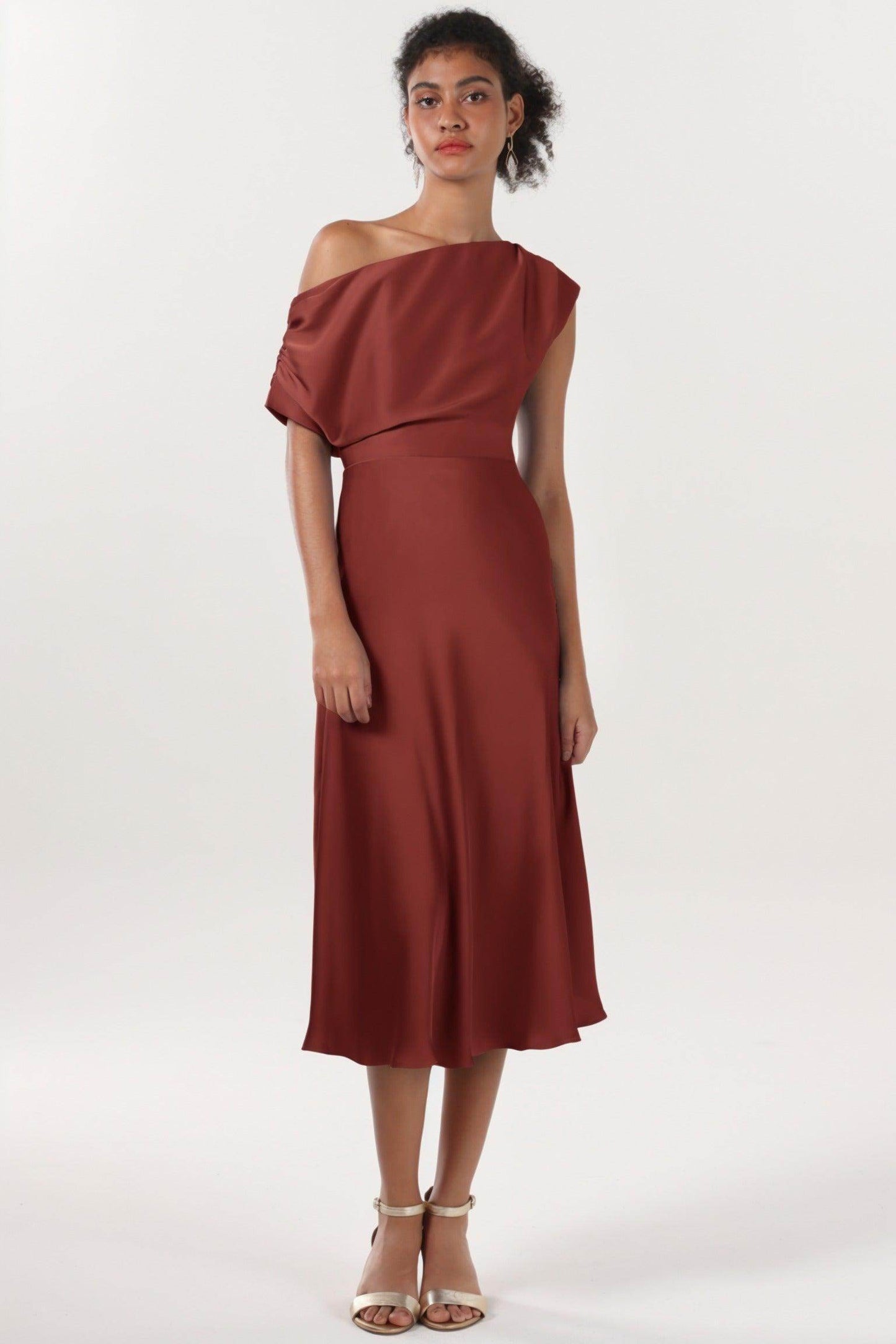 Sheath-Column Midi Luxe Satin Bridesmaid Dress CS0611BM - COCOMELODY
