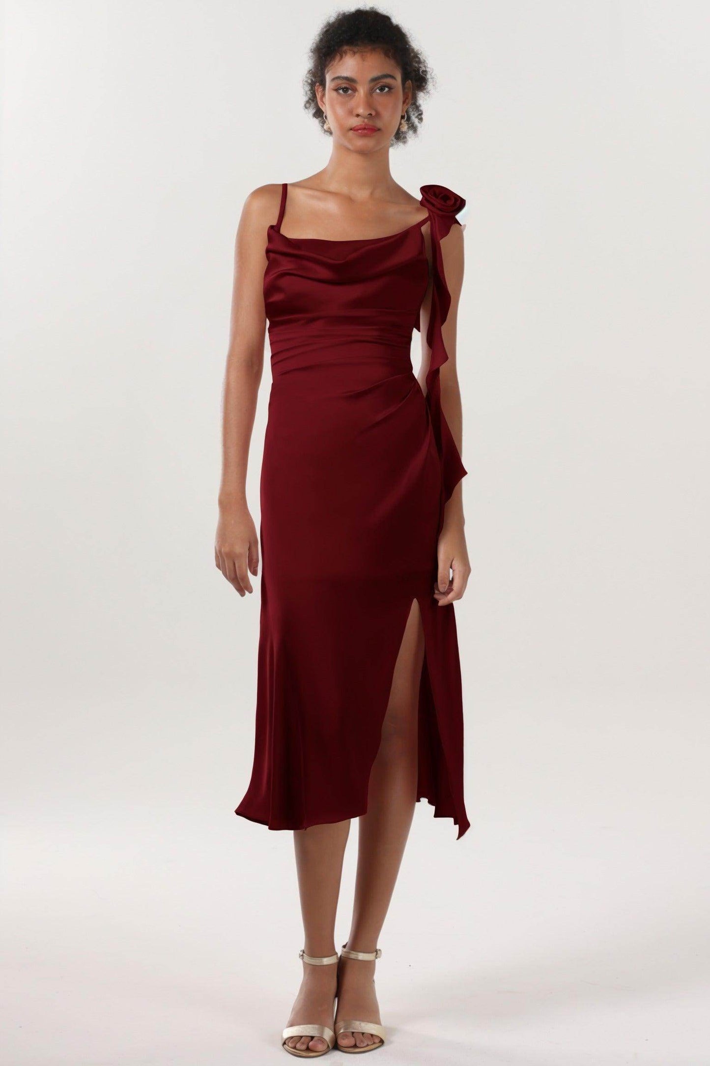 Sheath-Column Midi Luxe Satin Bridesmaid Dress CS0613BM - COCOMELODY