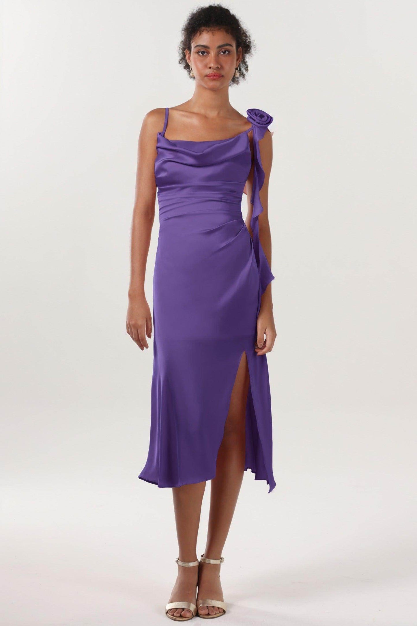 Sheath-Column Midi Luxe Satin Bridesmaid Dress CS0613BM - COCOMELODY