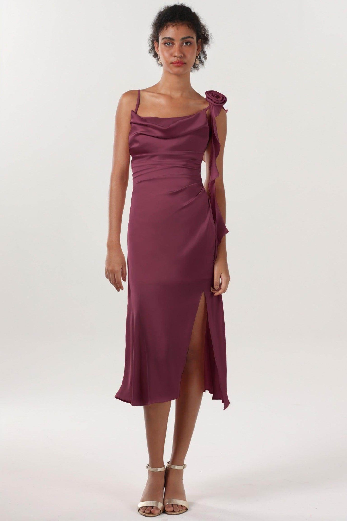 Sheath-Column Midi Luxe Satin Bridesmaid Dress CS0613BM - COCOMELODY