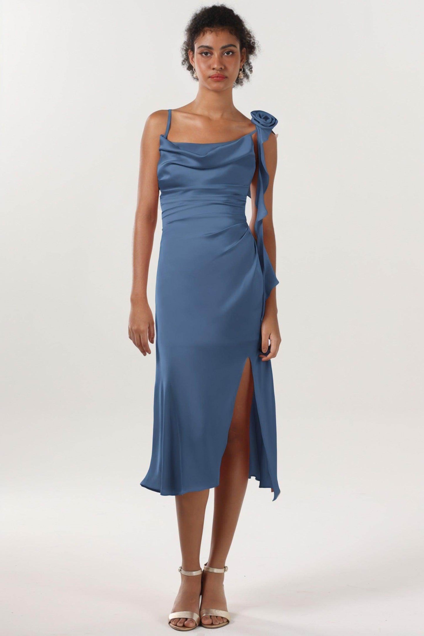 Sheath-Column Midi Luxe Satin Bridesmaid Dress CS0613BM - COCOMELODY
