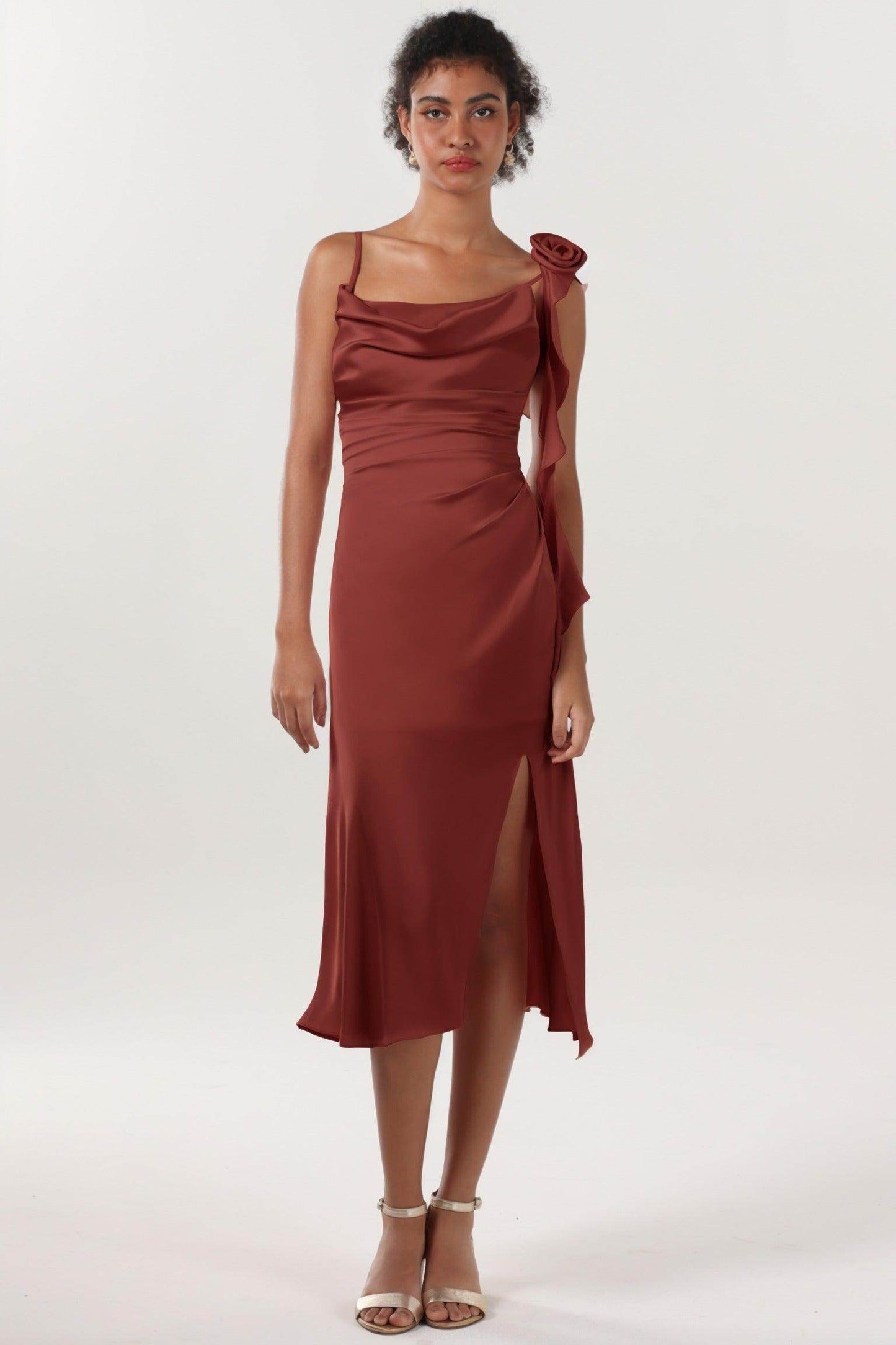 Sheath-Column Midi Luxe Satin Bridesmaid Dress CS0613BM - COCOMELODY