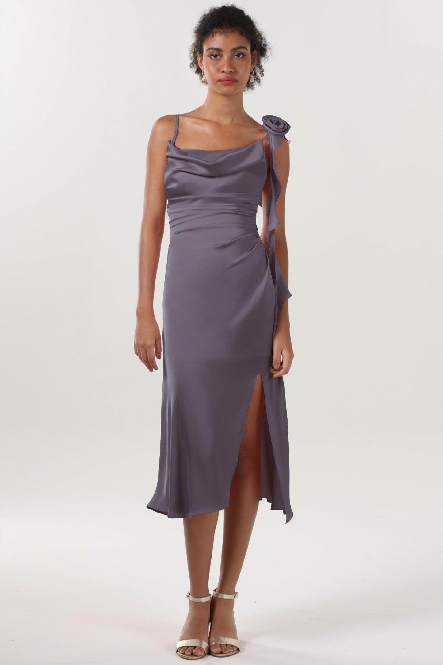 Sheath-Column Midi Luxe Satin Bridesmaid Dress CS0613BM - COCOMELODY