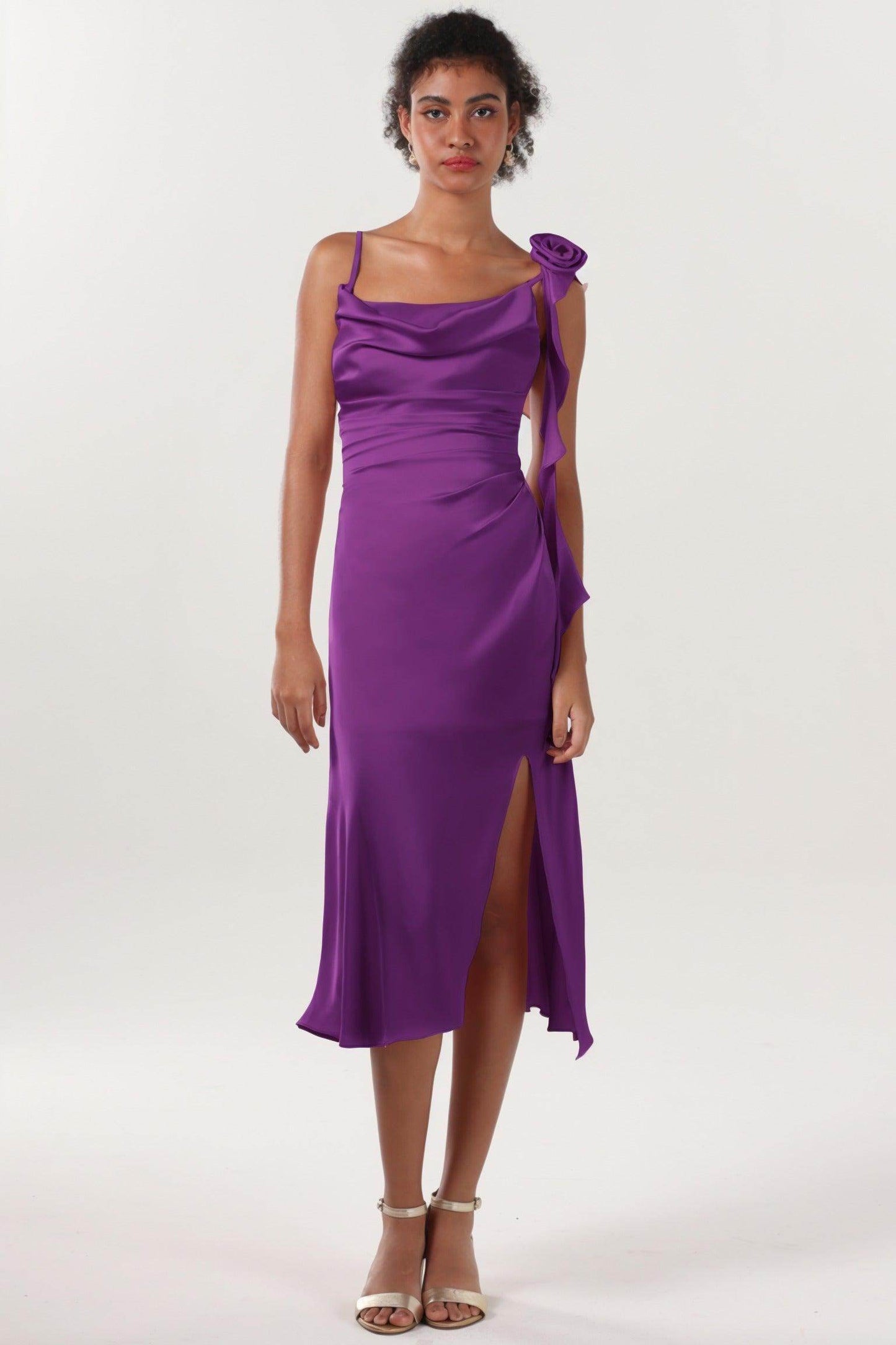 Sheath-Column Midi Luxe Satin Bridesmaid Dress CS0613BM - COCOMELODY