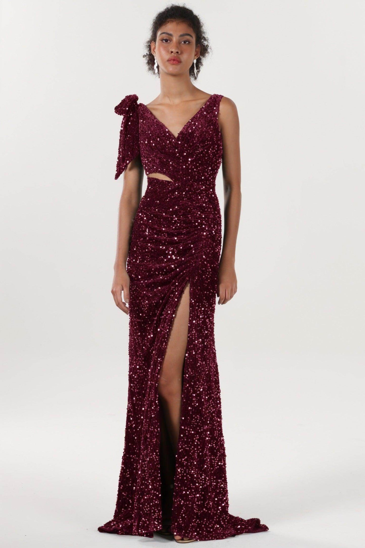 Sheath-Column Sweep-Brush Train Velvet Sequin Bridesmaid Dress CS0633BM - COCOMELODY