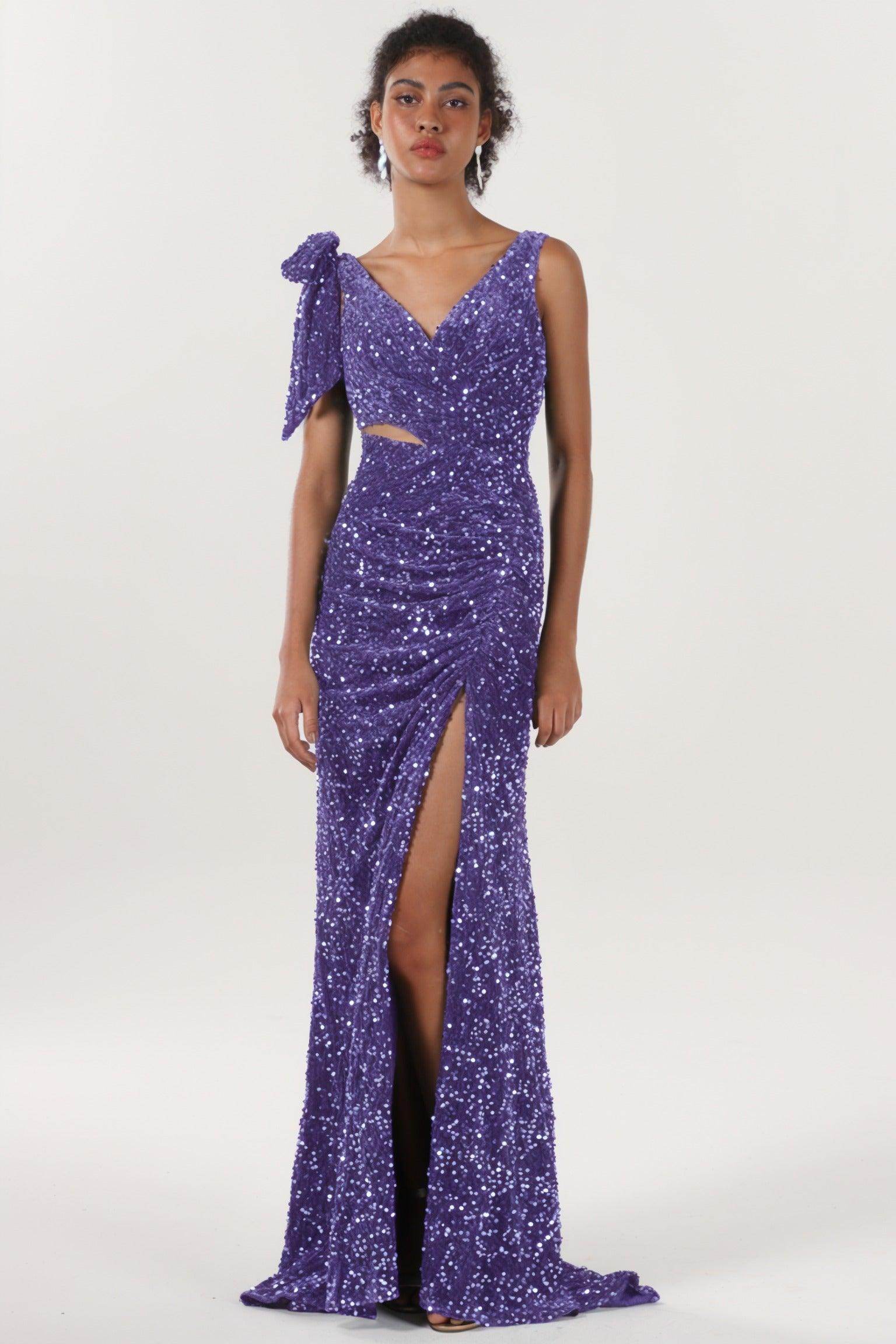 Sheath-Column Sweep-Brush Train Velvet Sequin Bridesmaid Dress CS0633BM - COCOMELODY