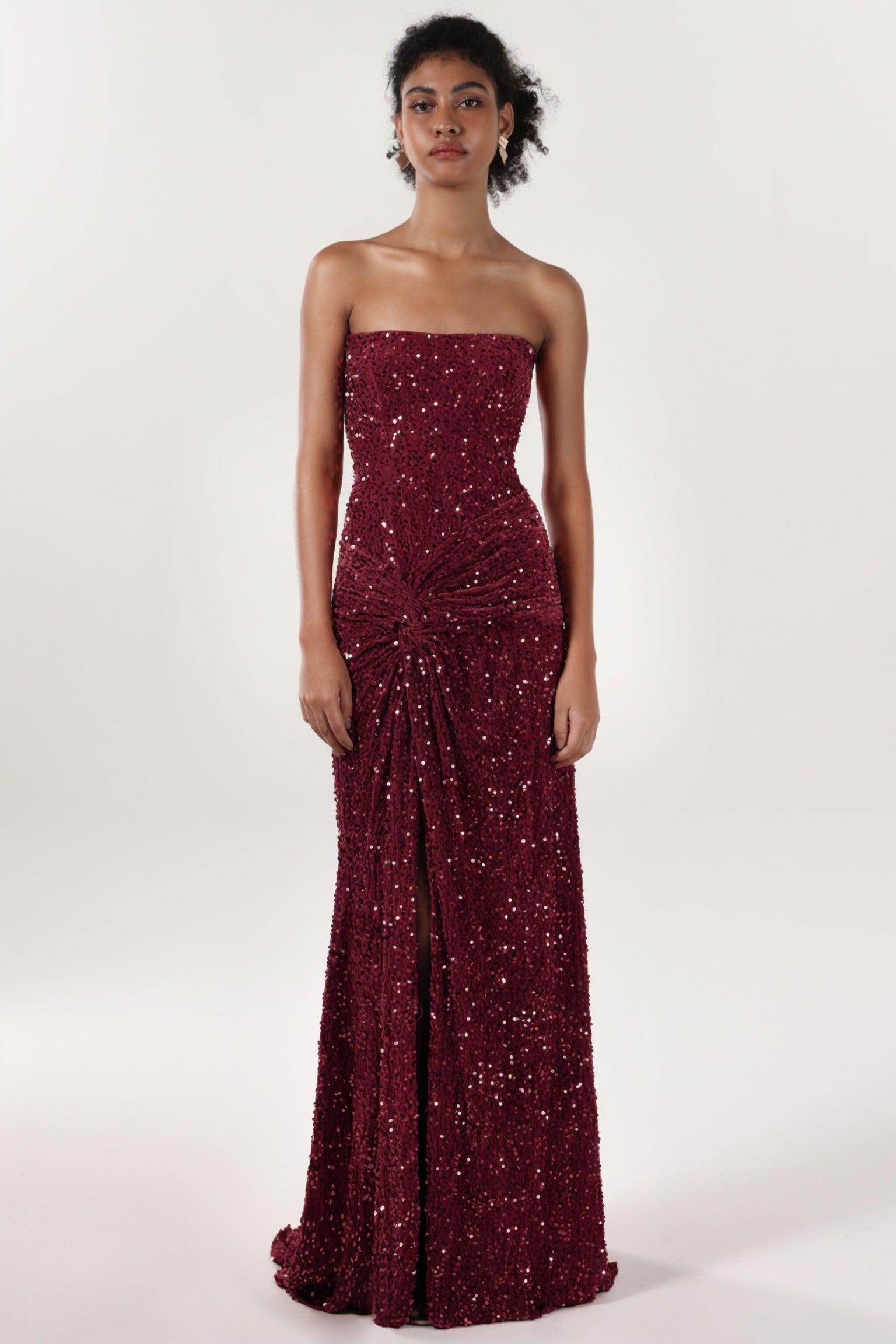 Sheath-Column Sweep-Brush Train Velvet Sequin Bridesmaid Dress CS0634BM - COCOMELODY