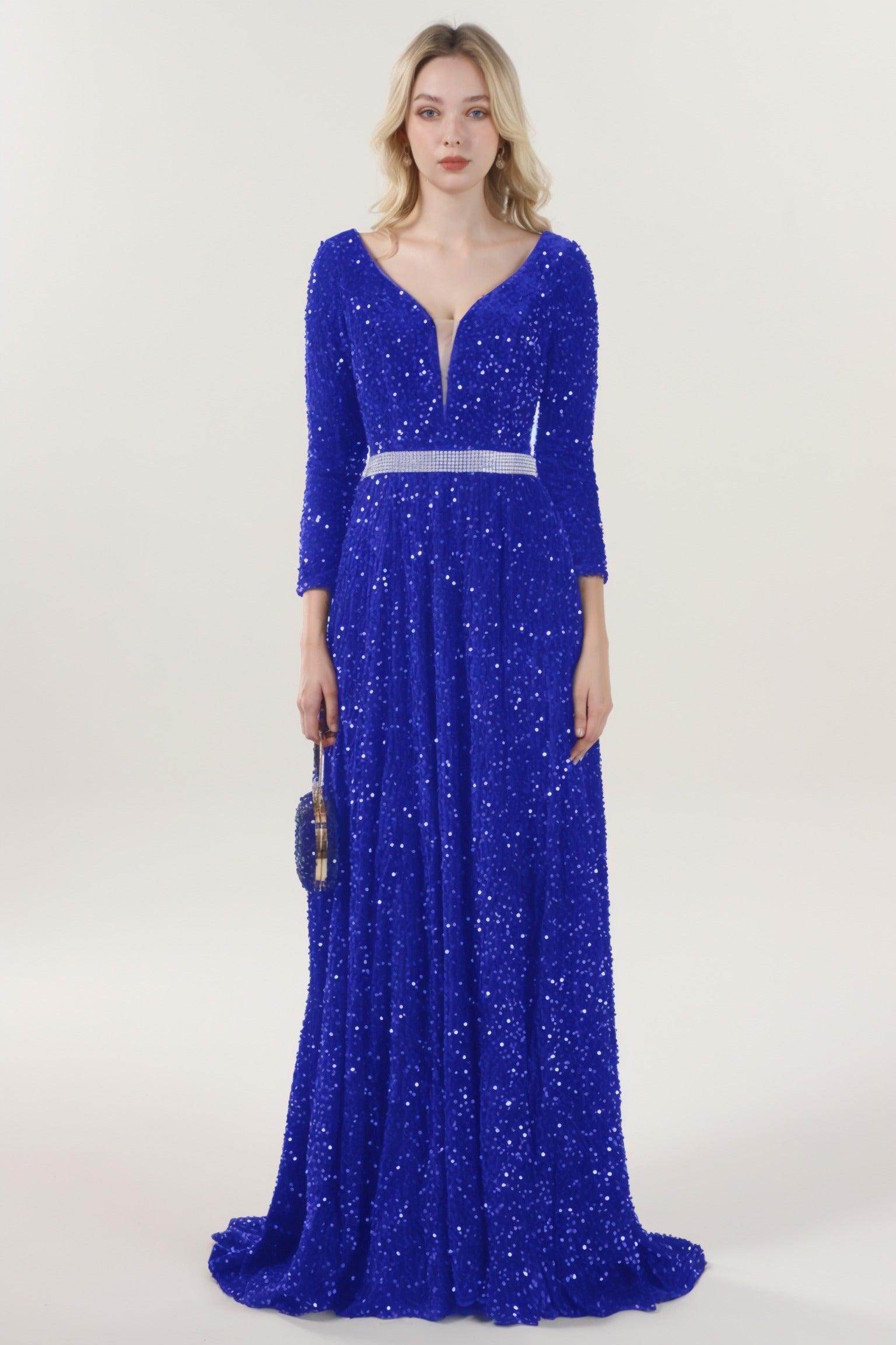 A-Line Sweep-Brush Train Velvet Sequin Bridesmaid Dress CS0636BM - COCOMELODY
