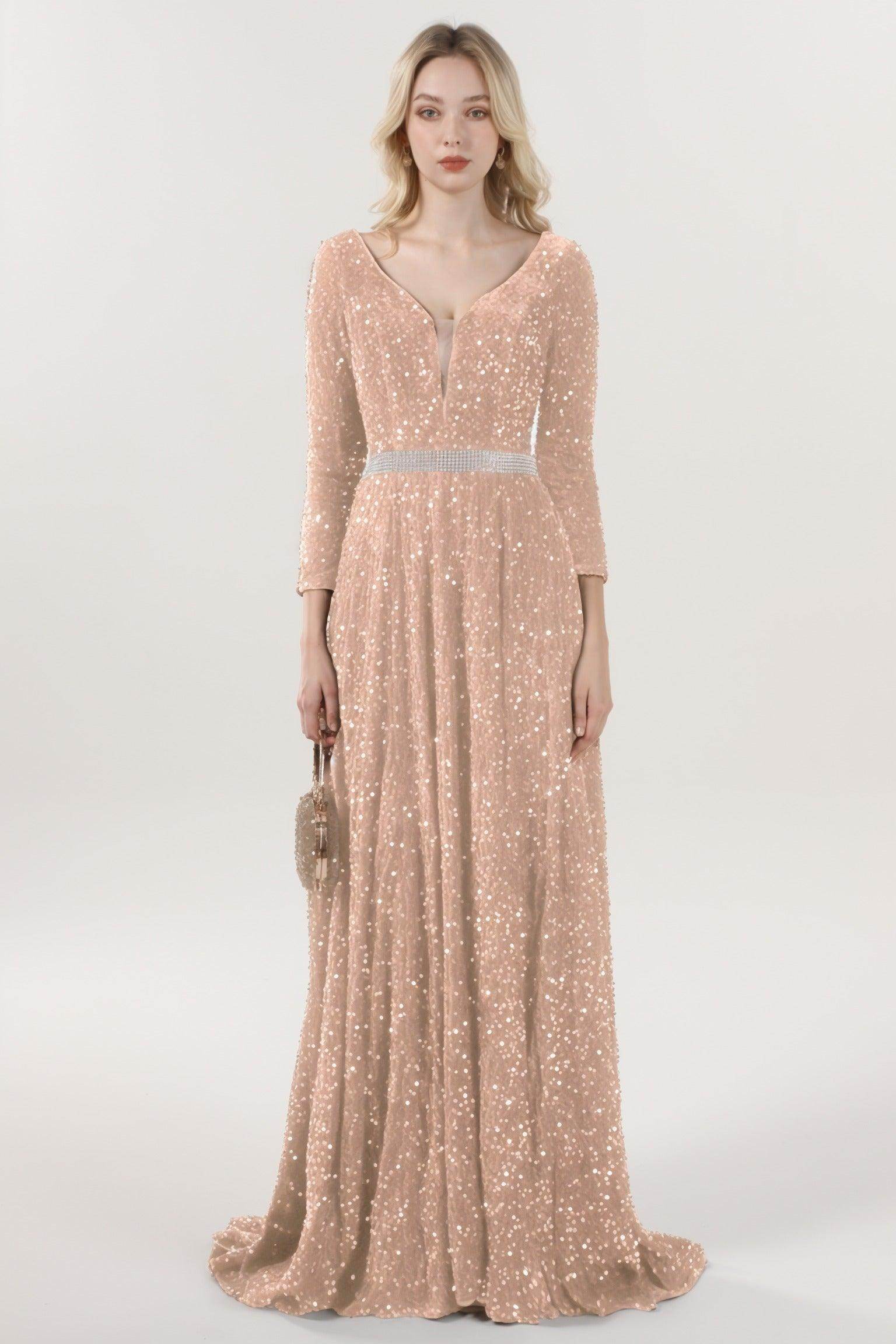 A-Line Sweep-Brush Train Velvet Sequin Bridesmaid Dress CS0636BM - COCOMELODY