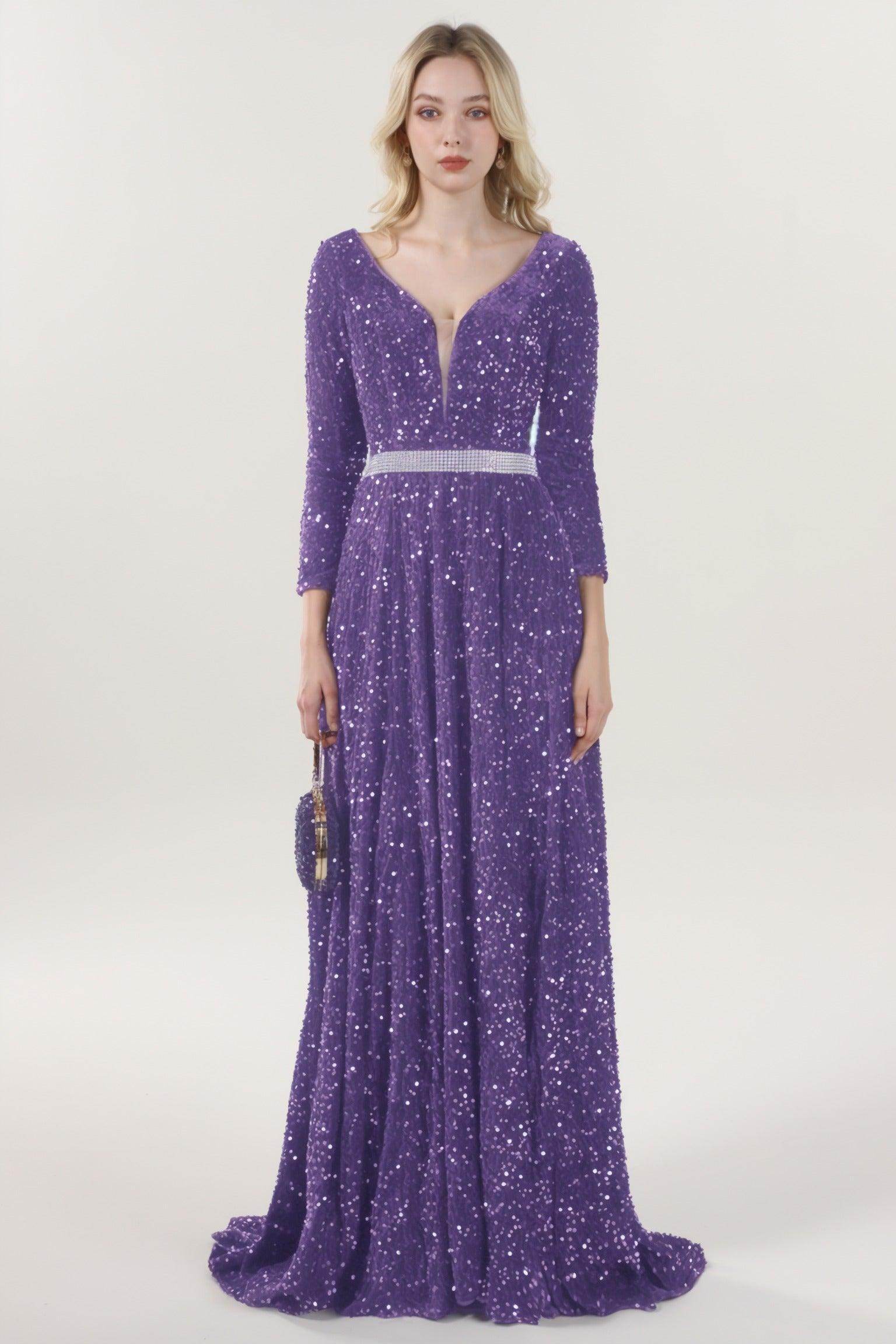 A-Line Sweep-Brush Train Velvet Sequin Bridesmaid Dress CS0636BM - COCOMELODY