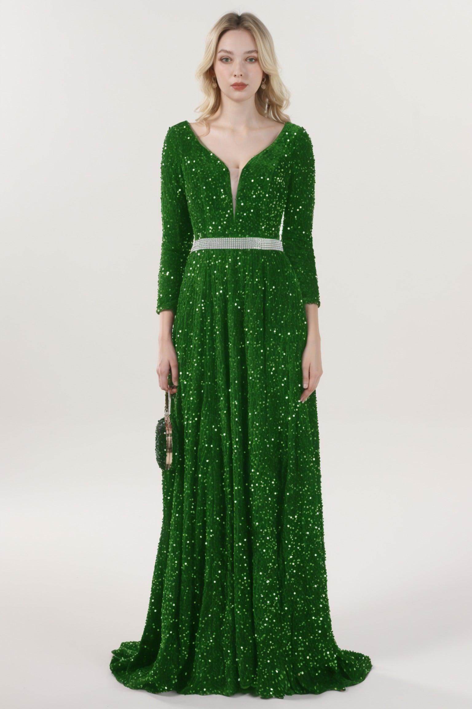 A-Line Sweep-Brush Train Velvet Sequin Bridesmaid Dress CS0636BM - COCOMELODY