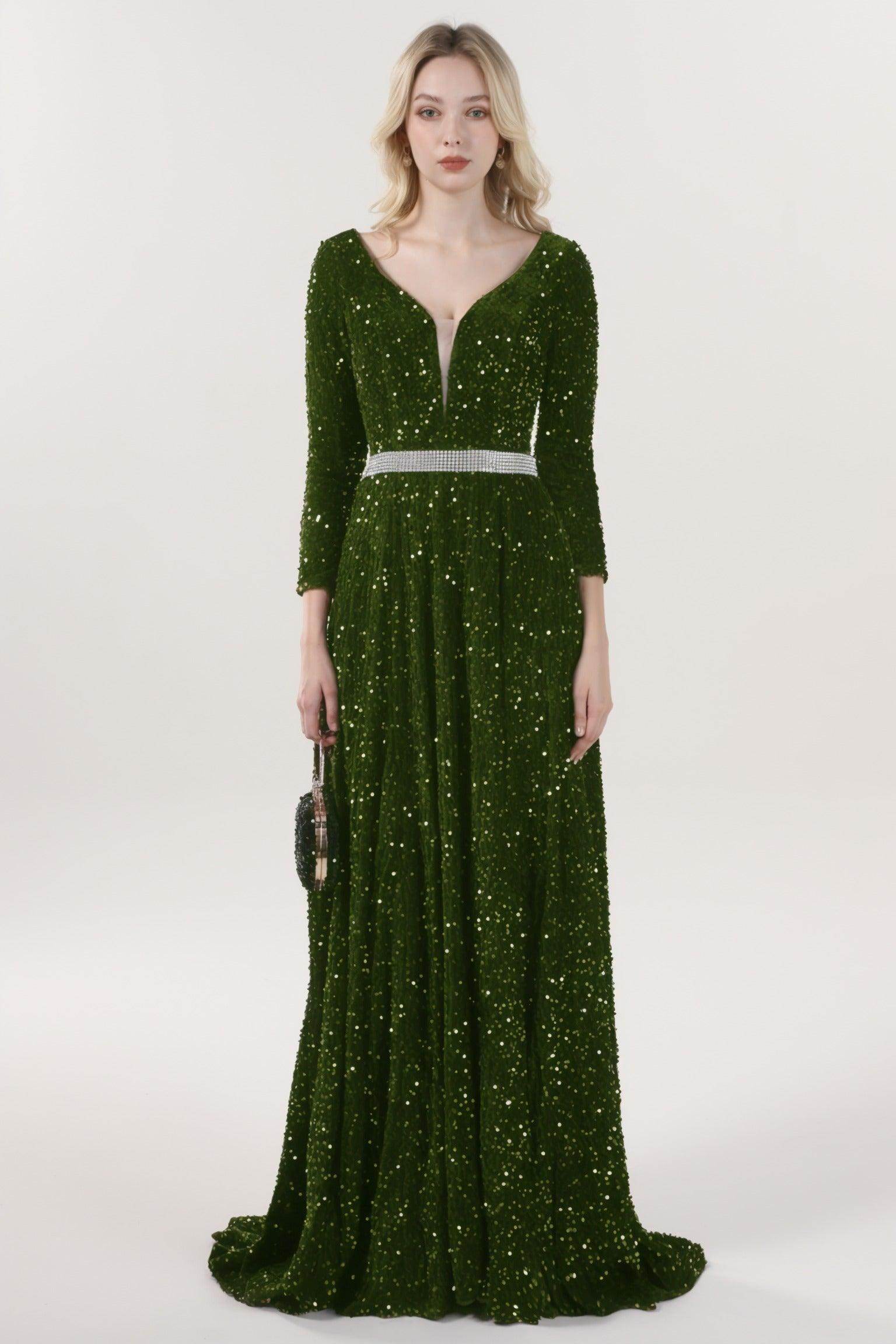 A-Line Sweep-Brush Train Velvet Sequin Bridesmaid Dress CS0636BM - COCOMELODY
