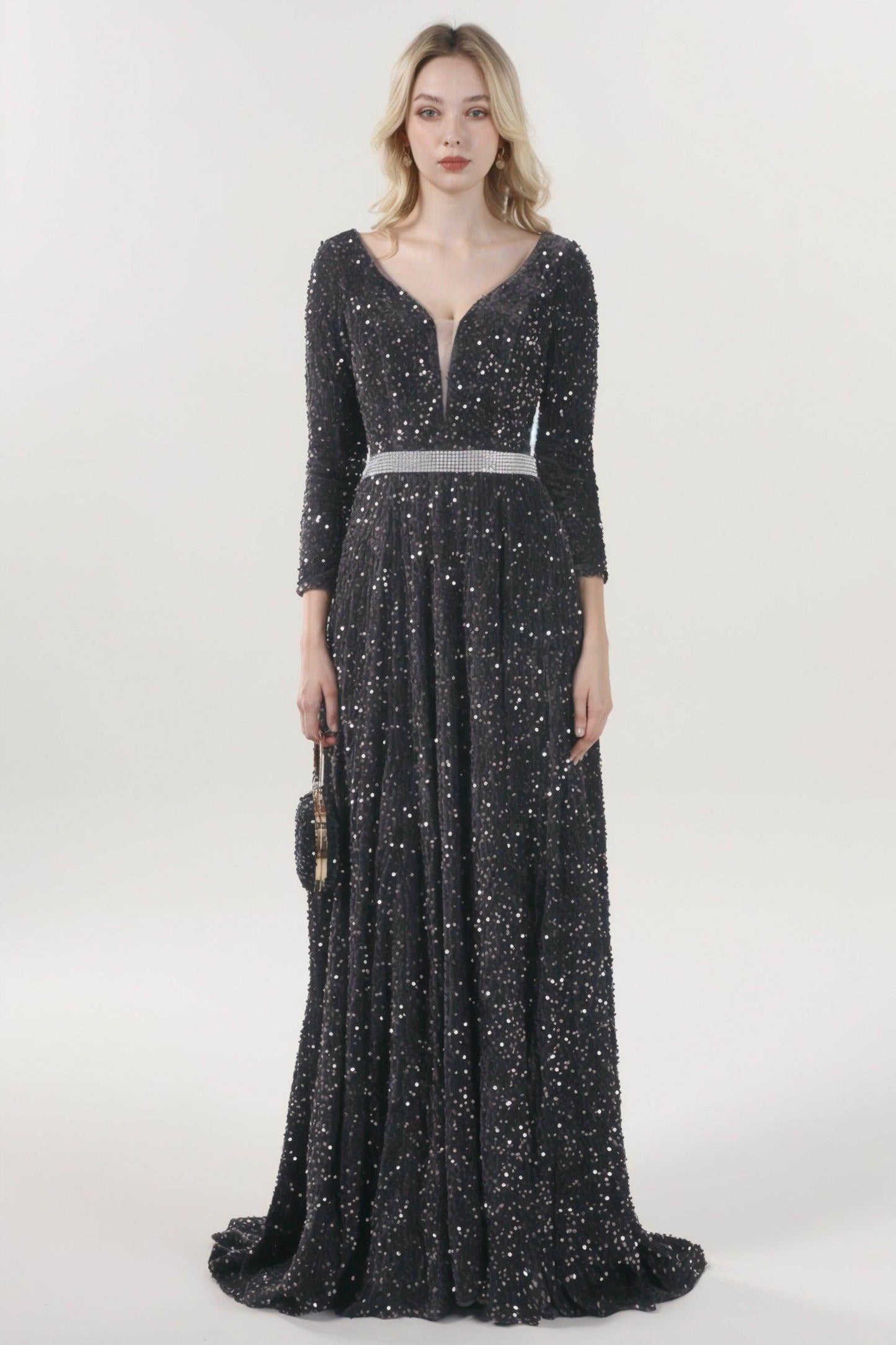 A-Line Sweep-Brush Train Velvet Sequin Bridesmaid Dress CS0636BM - COCOMELODY