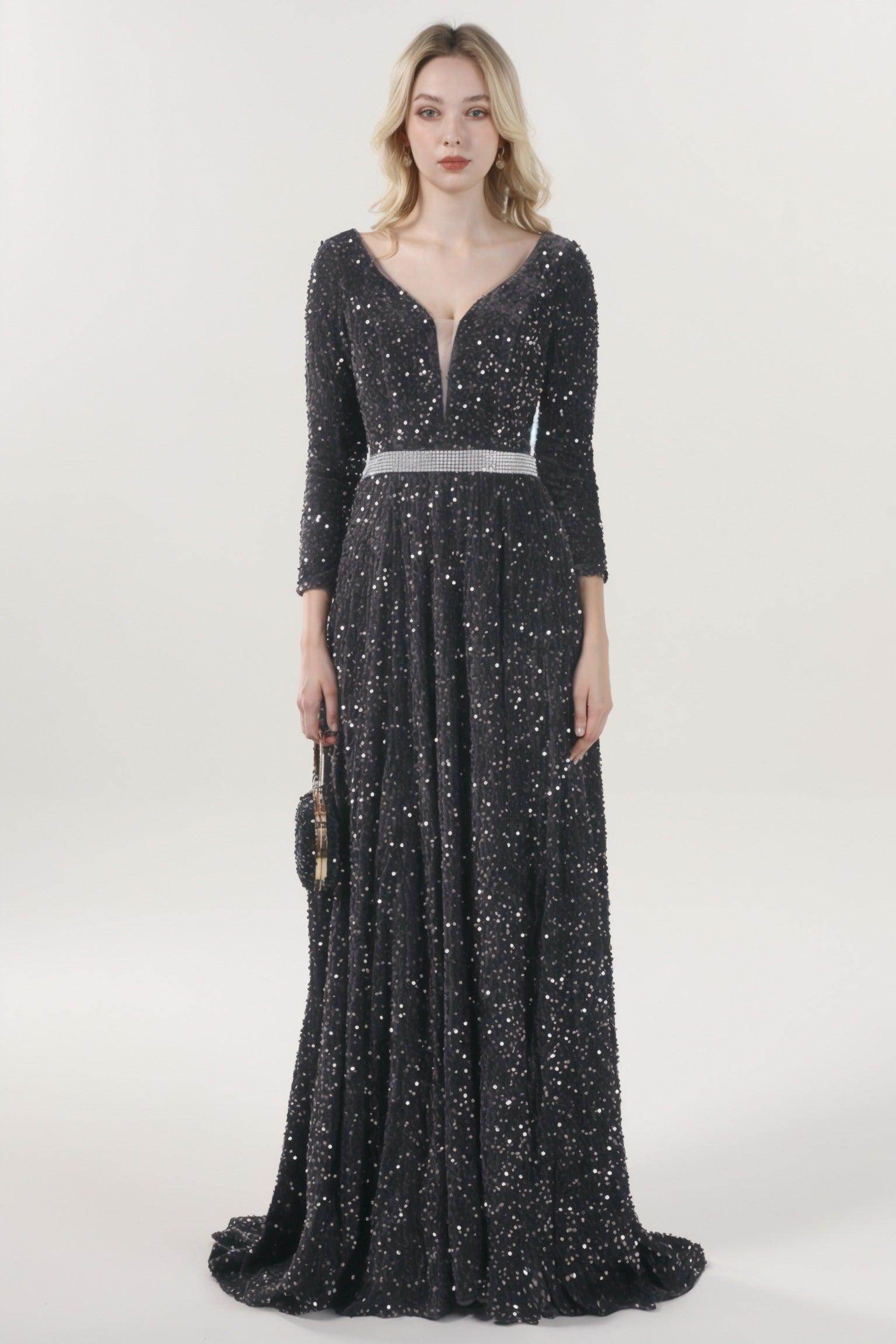 A-Line Sweep-Brush Train Velvet Sequin Bridesmaid Dress CS0636BM - COCOMELODY