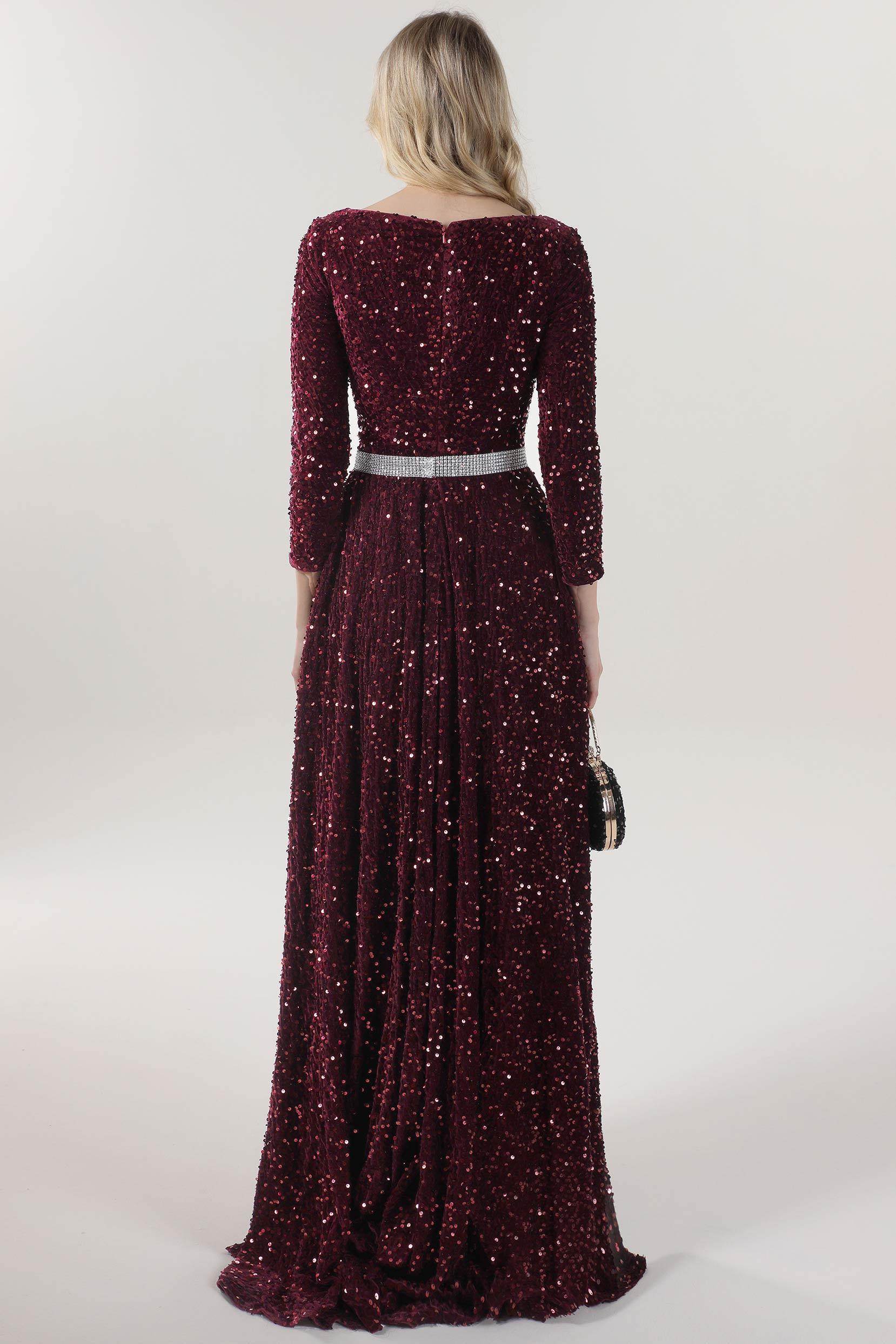 A-Line Sweep-Brush Train Velvet Sequin Bridesmaid Dress CS0636BM - COCOMELODY