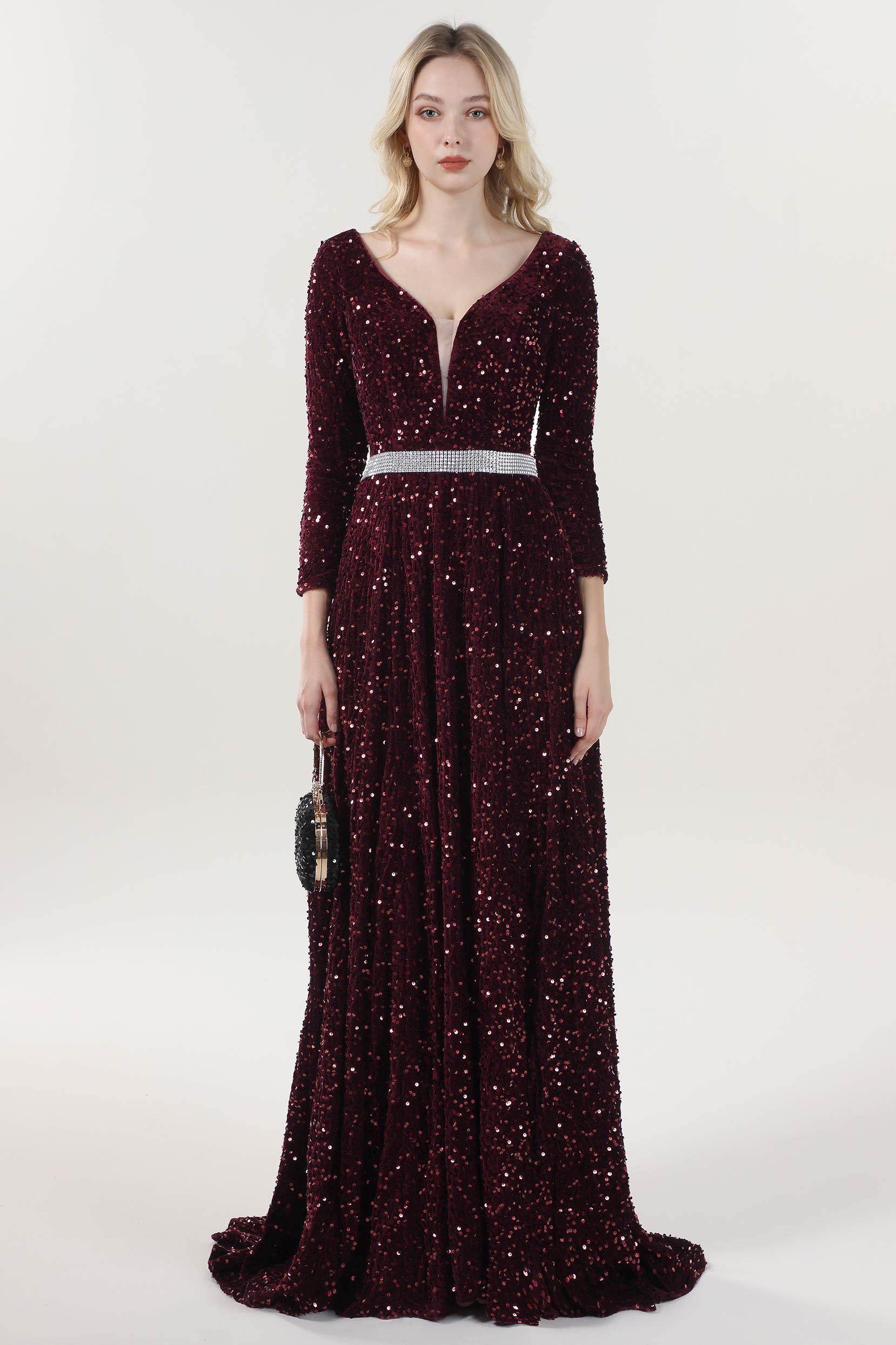 A-Line Sweep-Brush Train Velvet Sequin Formal Dress COCOMELODY CS0636 A-Line Sweep-Brush Train Velvet Sequin Formal Dress COCOMELODY CS0636