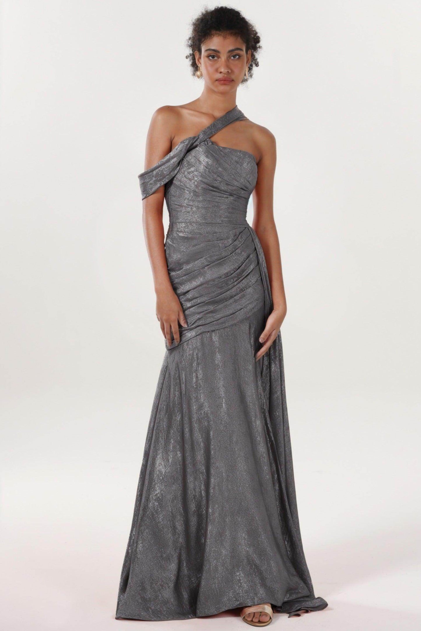 Sheath-Column Sweep-Brush Train Metallic Formal Dress CS0641 - COCOMELODY