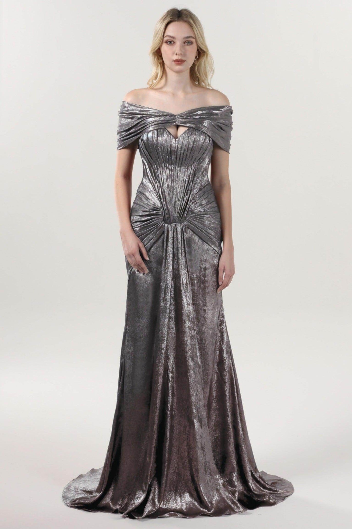 Trumpet-Mermaid Sweep-Brush Train Metallic Formal Dress CS0646 - COCOMELODY