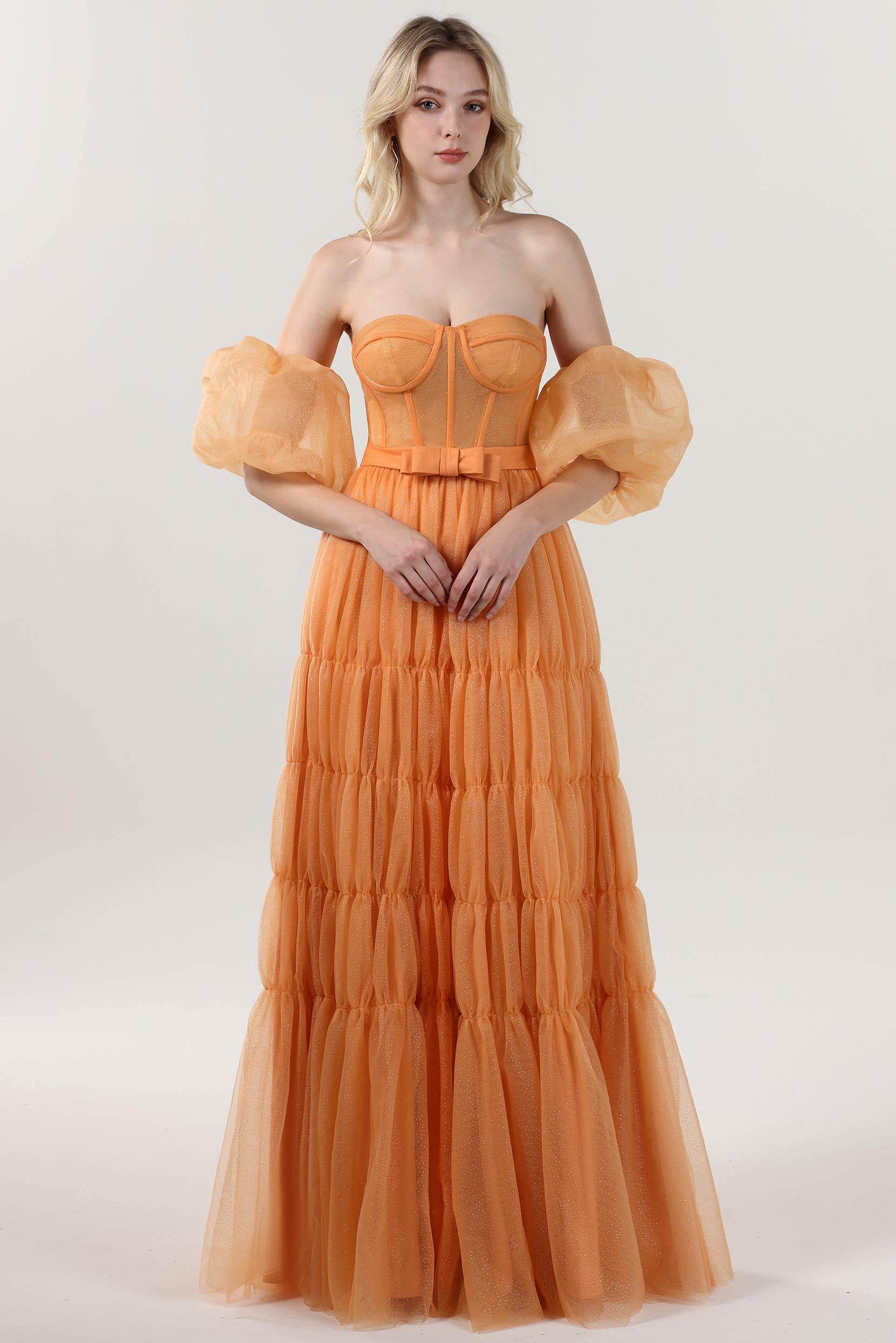 A-Line Maxi Tulle Formal Dress COCOMELODY CS0661, Dark Champagne A-Line Maxi Tulle Formal Dress COCOMELODY CS0661, Dark Champagne
