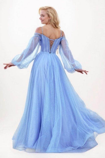 A-Line Sweep-Brush Train Tulle Prom Dress CS0701 - COCOMELODY