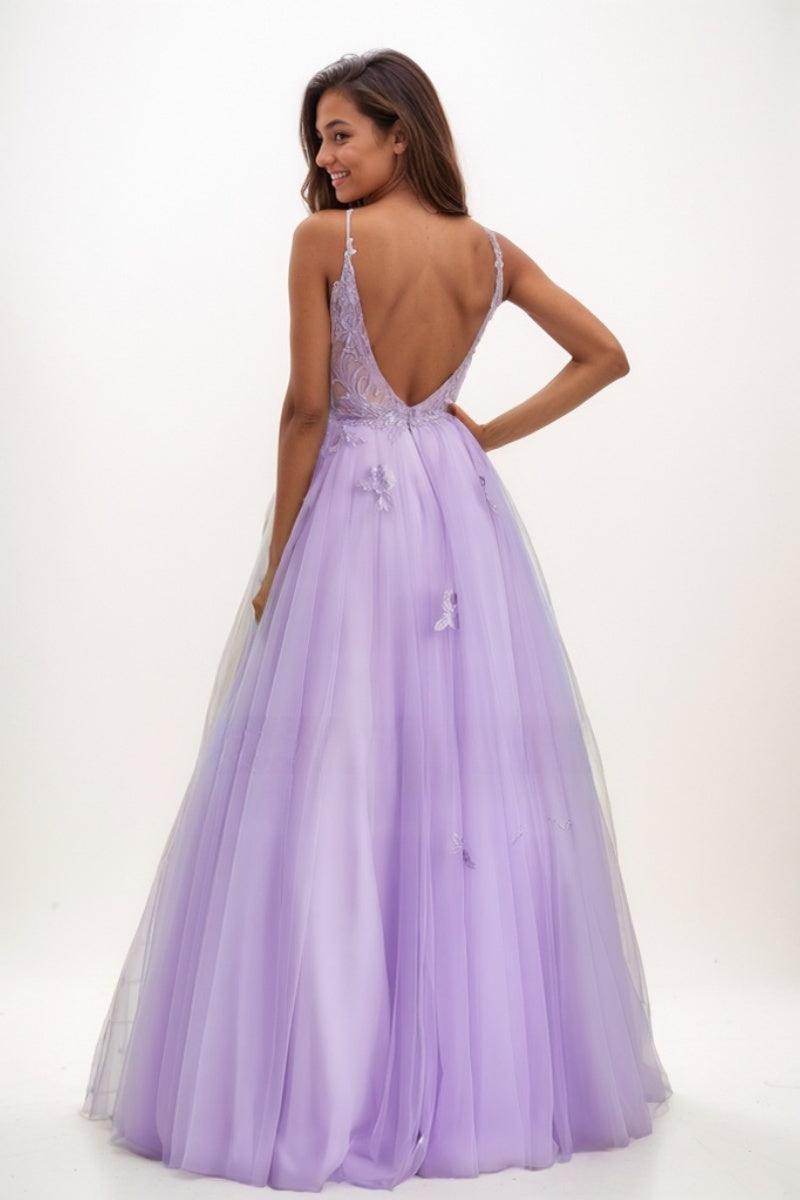 V-Neck A-Line Floor-Length Lace/Tulle Prom Dresses CS0725 - COCOMELODY