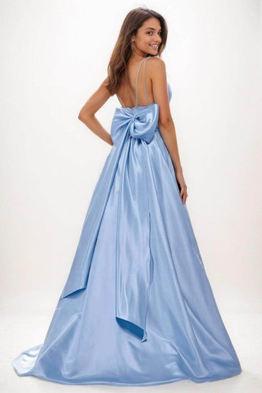 V-Neck A-Line Sweep Train Satin Prom Dresses With Bow(s) CS0727 - COCOMELODY