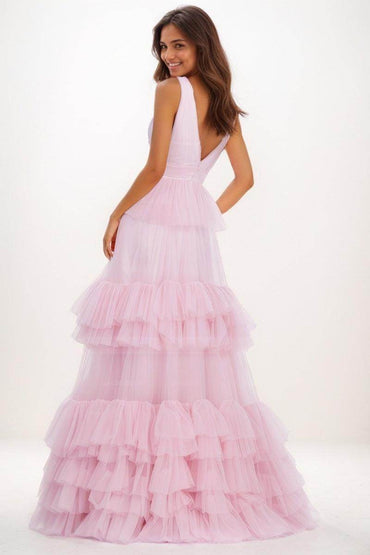 V-Neck A-Line Floor-Length Tulle Prom Dresses With Ruffle CS0731 - COCOMELODY