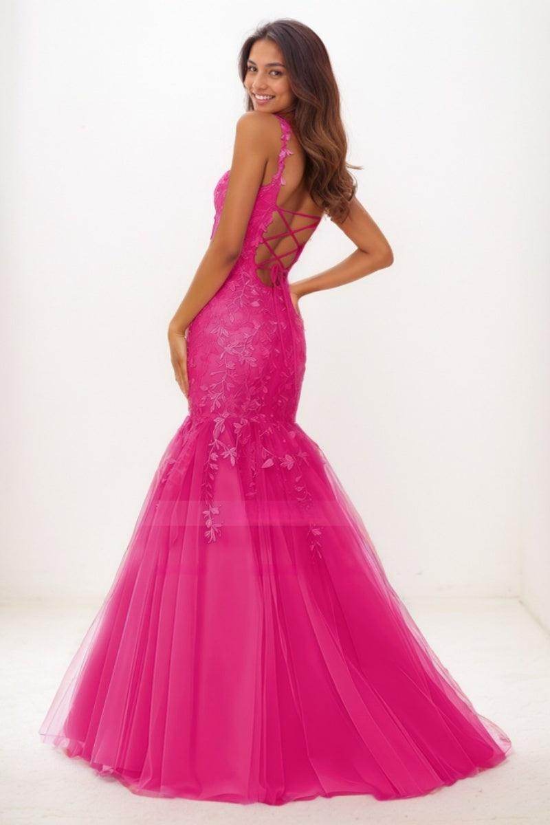 Dreamy Cowl Neck Mermaid Sweep Train Lace/Tulle Prom Dresses CS0738 - COCOMELODY
