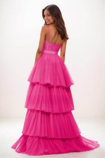 V-Neck A-Line Asymmetrical Length Lace/Tulle Prom Dresses CS0740 - COCOMELODY