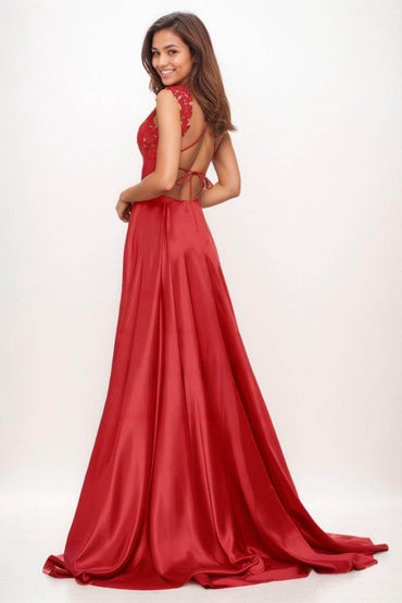 V-Neck A-Line High Split Sweep Train Charmeuse Prom Dresses CS0742 - COCOMELODY