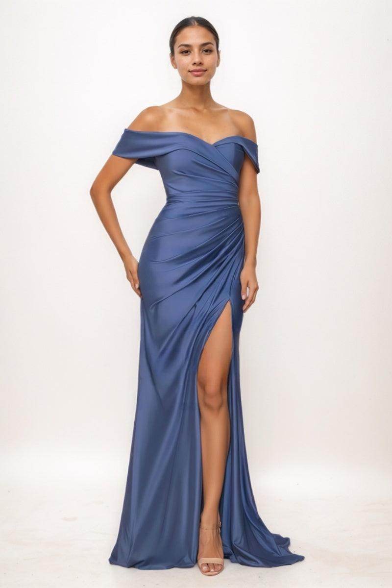 Simple Off-The-Shoulder Ruched High Split Prom Dresses COCOMELODY CS0746 Simple Off-The-Shoulder Ruched High Split Prom Dresses COCOMELODY CS0746
