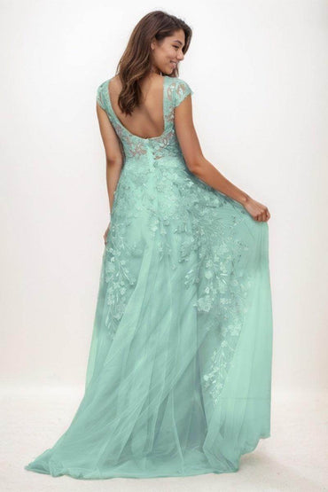 Illusion Neck A-Line Sweep Train Lace/Tulle Prom Dresses CS0747 - COCOMELODY