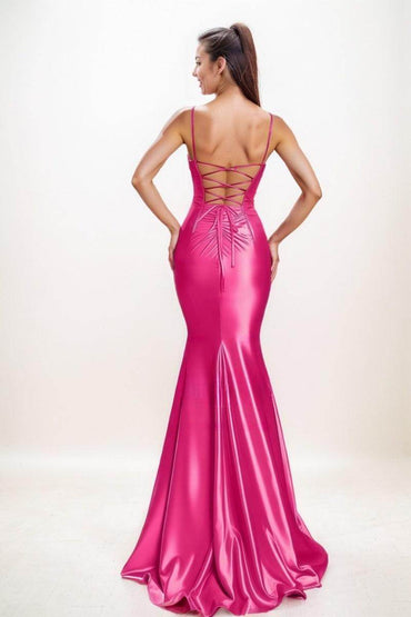 Trumpet Scoop Neck Sleeveless Sweep Train Satin With High Split CS0749 - COCOMELODY