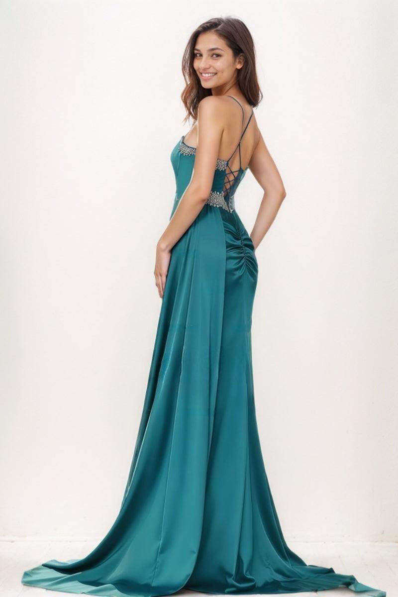 Sparkle V-Neck Acetate Satin Prom Dresses With Sweeping Side Drape CS0751 - COCOMELODY