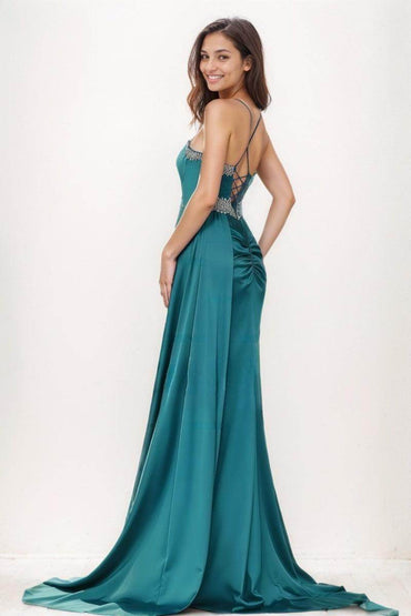 Sparkle V-Neck Acetate Satin Prom Dresses With Sweeping Side Drape CS0751 - COCOMELODY