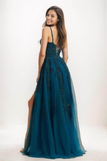 A-Line V-Neck Satin/Tulle Prom Dresses With High Split CS0755 - COCOMELODY