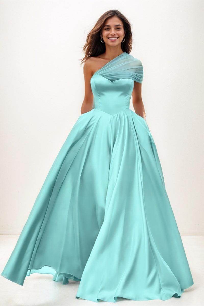 Whimsical A-Line One-Shoulder Satin Prom Dresses COCOMELODY CS0761 Whimsical A-Line One-Shoulder Satin Prom Dresses COCOMELODY CS0761