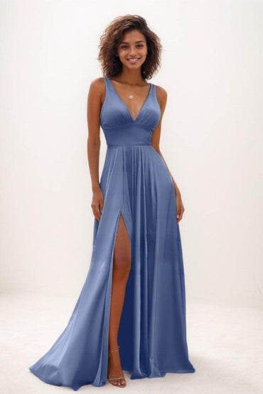 Modest A-Line Silk Like Satin Prom Dresses With High Split CS0766 - COCOMELODY