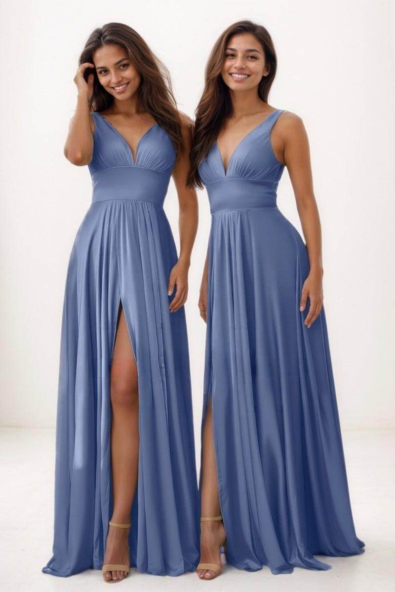 Modest A-Line Silk Like Satin Prom Dresses With High Split CS0766 - COCOMELODY
