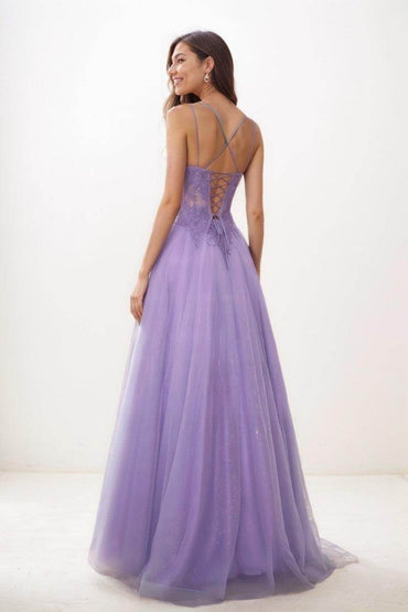 Sweet & Flow V-Neck Satin/Lace/Tulle Prom Dresses CS0769 - COCOMELODY