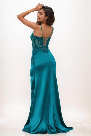 V-Neck Lace Corset High Split Sweep Train Prom Dresses CS0770 - COCOMELODY