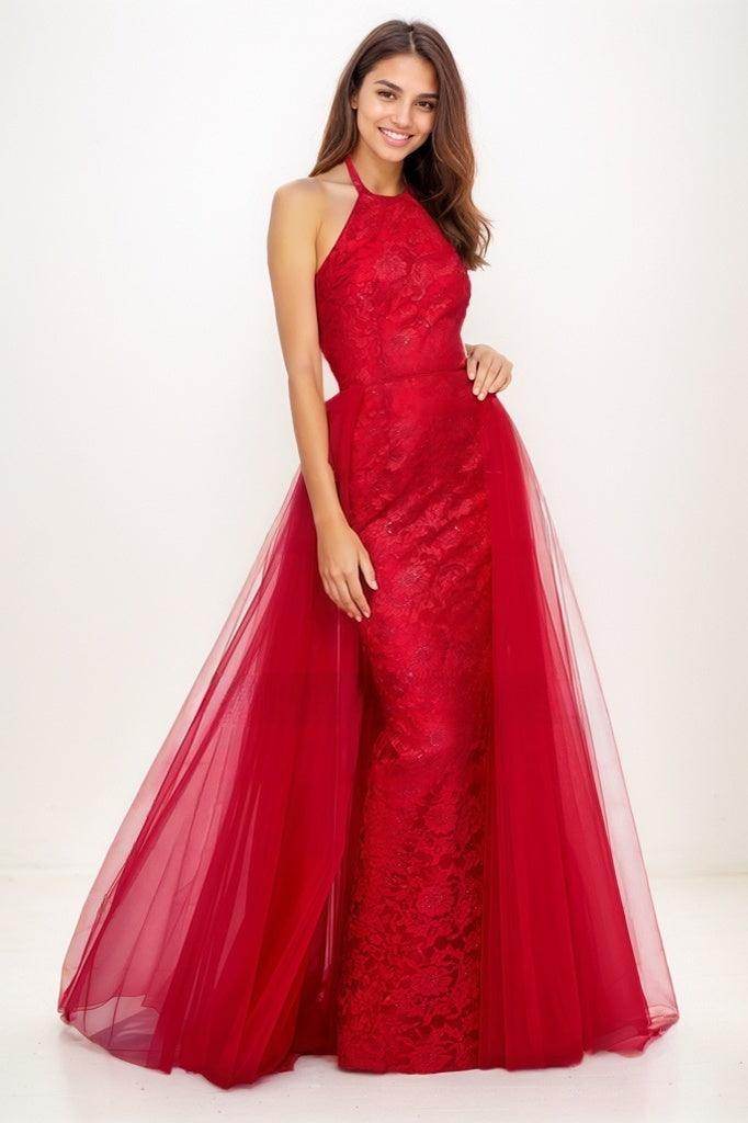 Unique Halter Overskirt Sweep Train Lace/Tulle Prom Dresses COCOMELODY CS0771 Unique Halter Overskirt Sweep Train Lace/Tulle Prom Dresses COCOMELODY CS0771