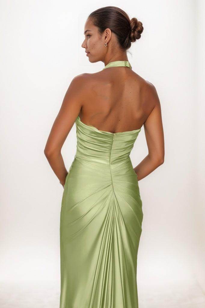 Elegant Halter Ruched High Split Sweep Train Prom Dresses CS0774 - COCOMELODY