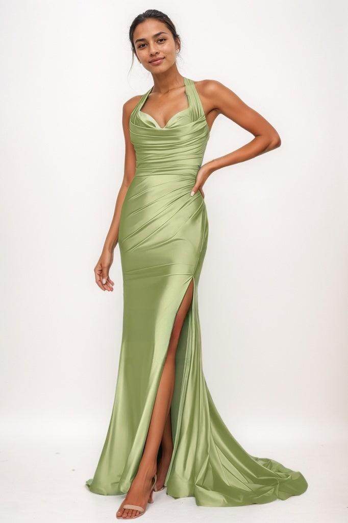 Elegant Halter Ruched High Split Sweep Train Prom Dresses COCOMELODY CS0774 Elegant Halter Ruched High Split Sweep Train Prom Dresses COCOMELODY CS0774