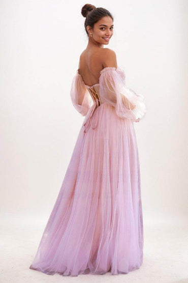 Off-The-Shoulder Long Lantern Sleeves Tulle Prom Dresses CS0776 - COCOMELODY