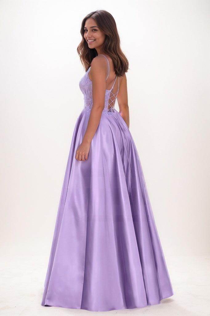 V-Neck Lace Illusion Corset A-Line Satin Prom Dresses CS0780 - COCOMELODY