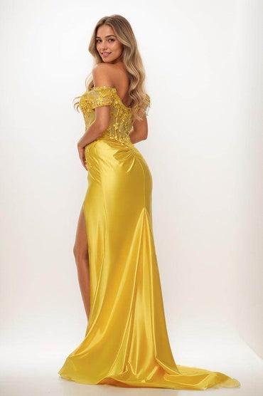 Off-The-Shoulder 3D Floral Charmeuse Prom Dresses CS0792 - COCOMELODY